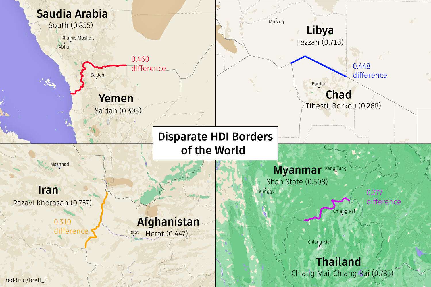 Disparate Human Development Index (HDI) borders of the world