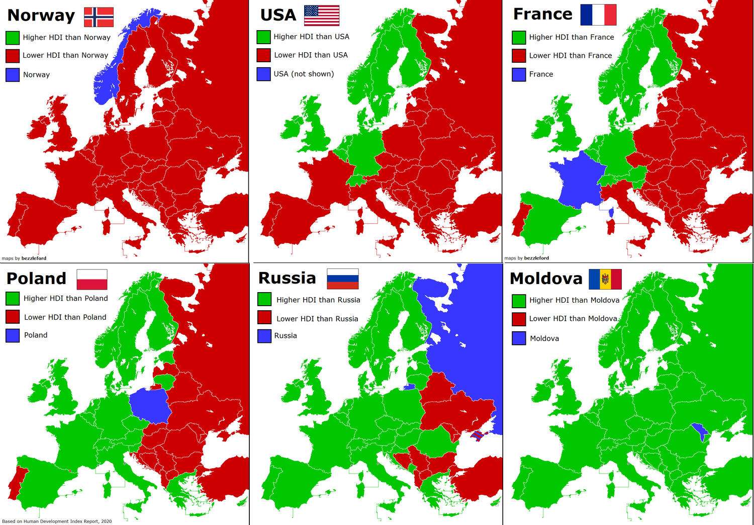 Human Development Index (HDI, 2020) highs and lows in Europe