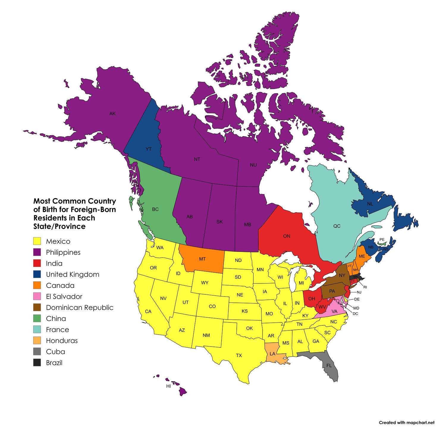 Most Common Country of Origin for Foreign-Born Nationals in the USA and Canada