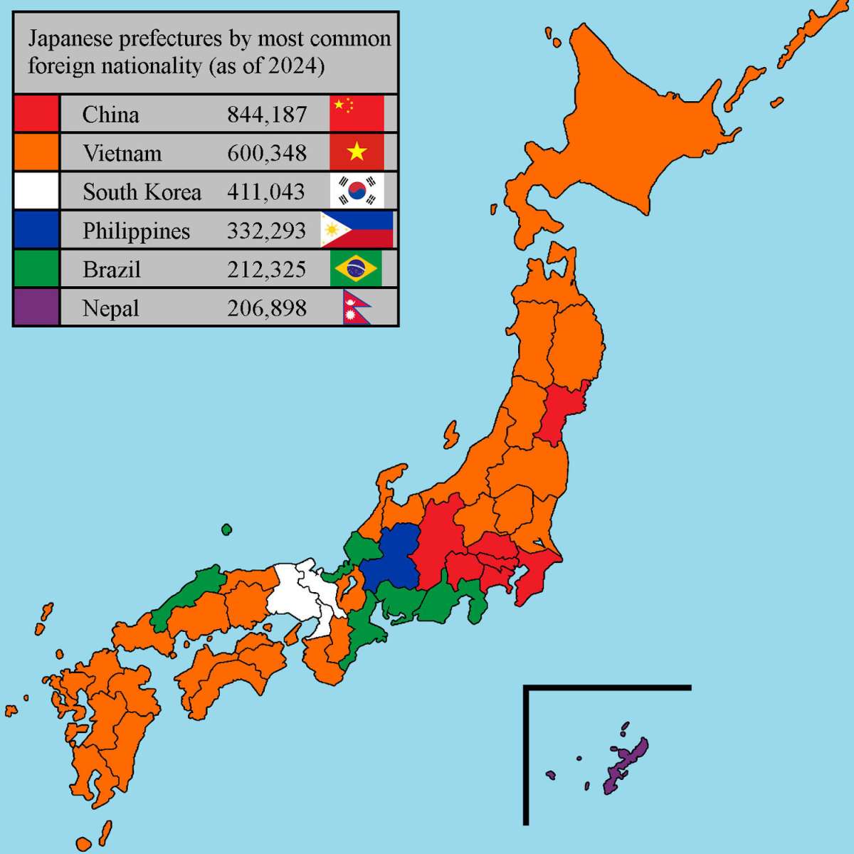 Most common foreigners by Japanese prefectures, 2024