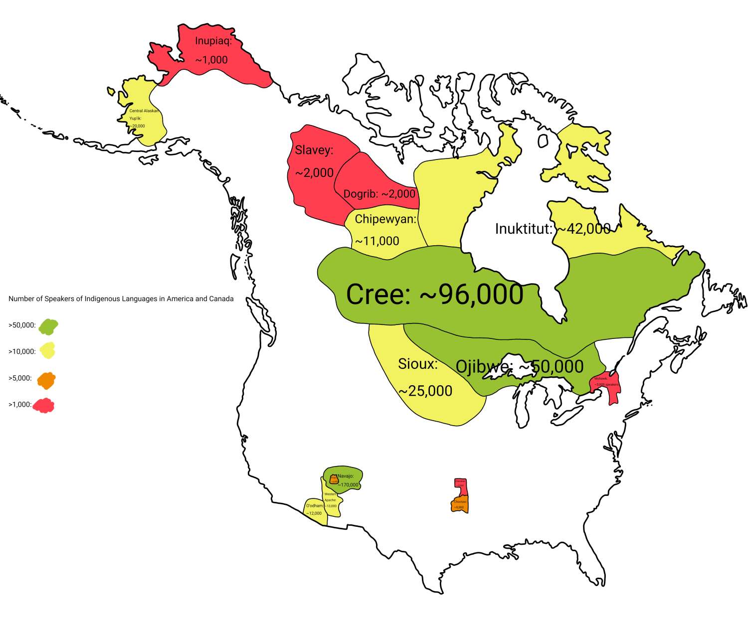 Map of Indigenous Languages in America and Canada With At Least 1000 Speakers