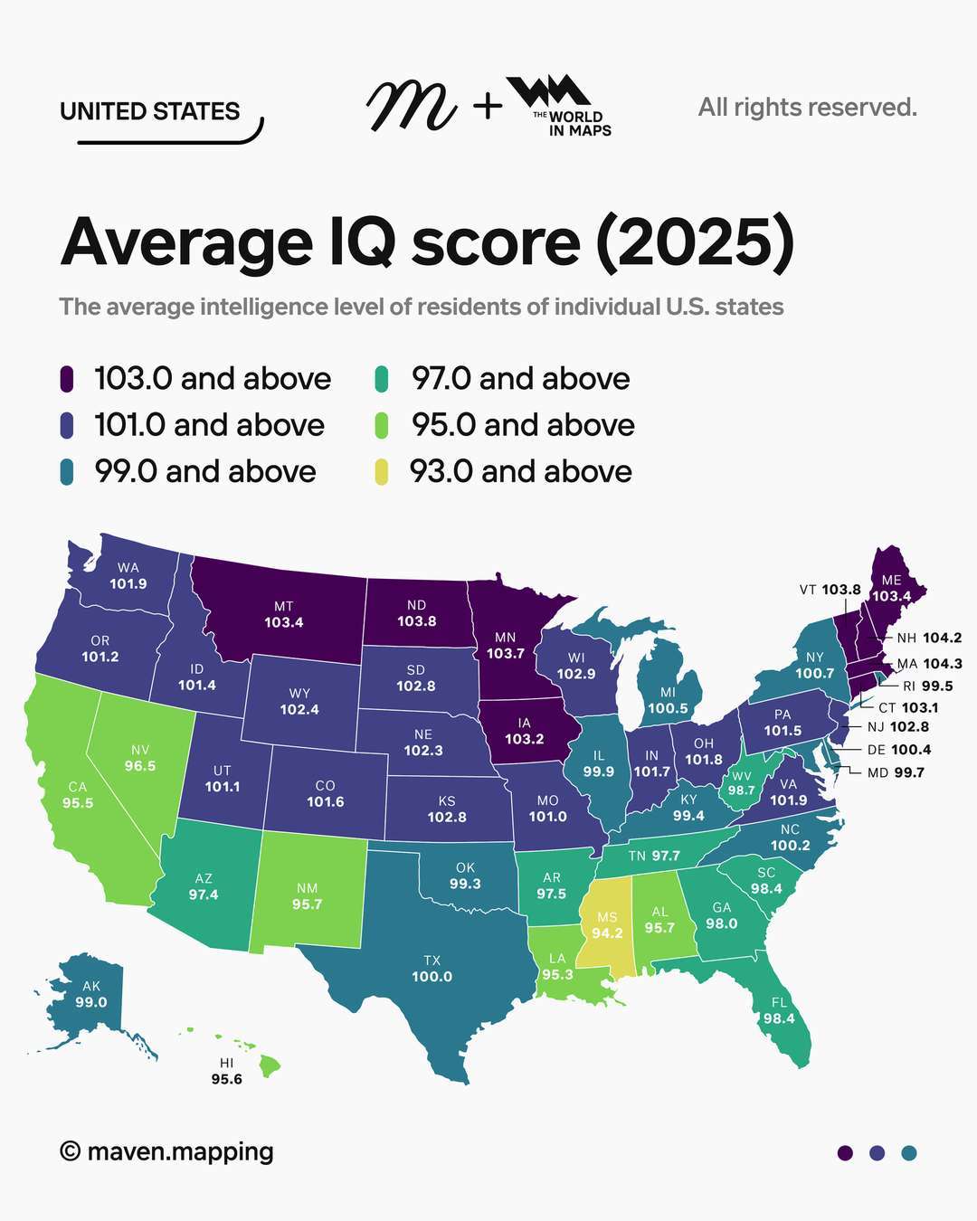 Average IQ score in the US, 2025