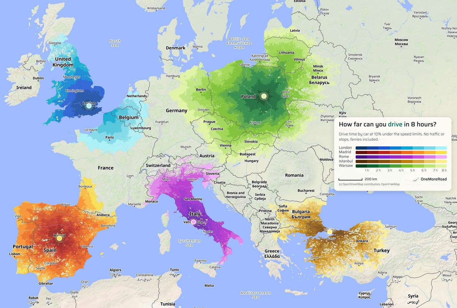 How far can you get in 8 hours of driving starting from 5 European capitals