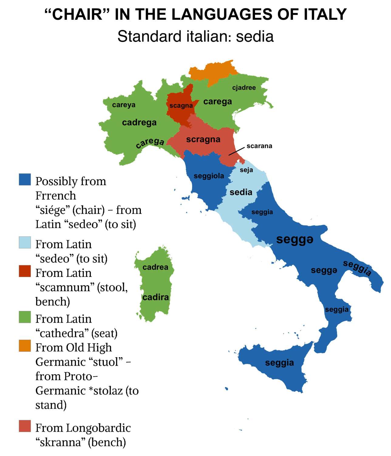 Word for “chair” in the languages of Italy 