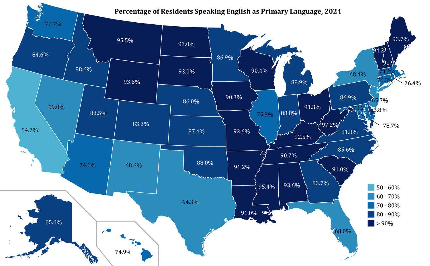Native English-speaking percentage by U.S. state, 2024