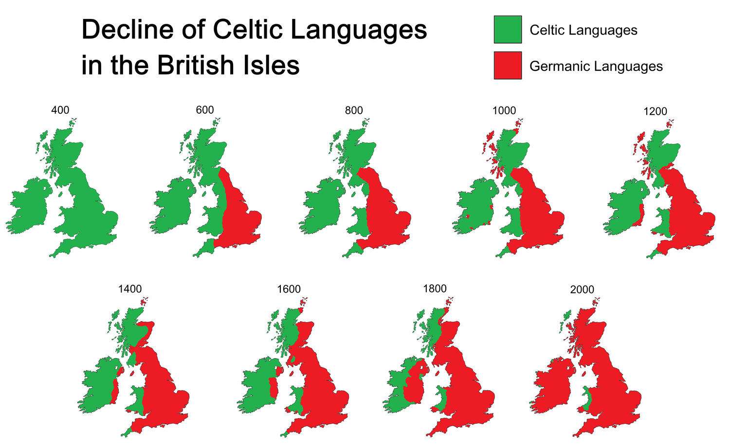 Decline of Celtic languages in the British Isles, every 200 years since 400AD