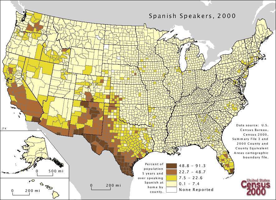 Distribution of Spanish Speakers in the United States by county, 2000
