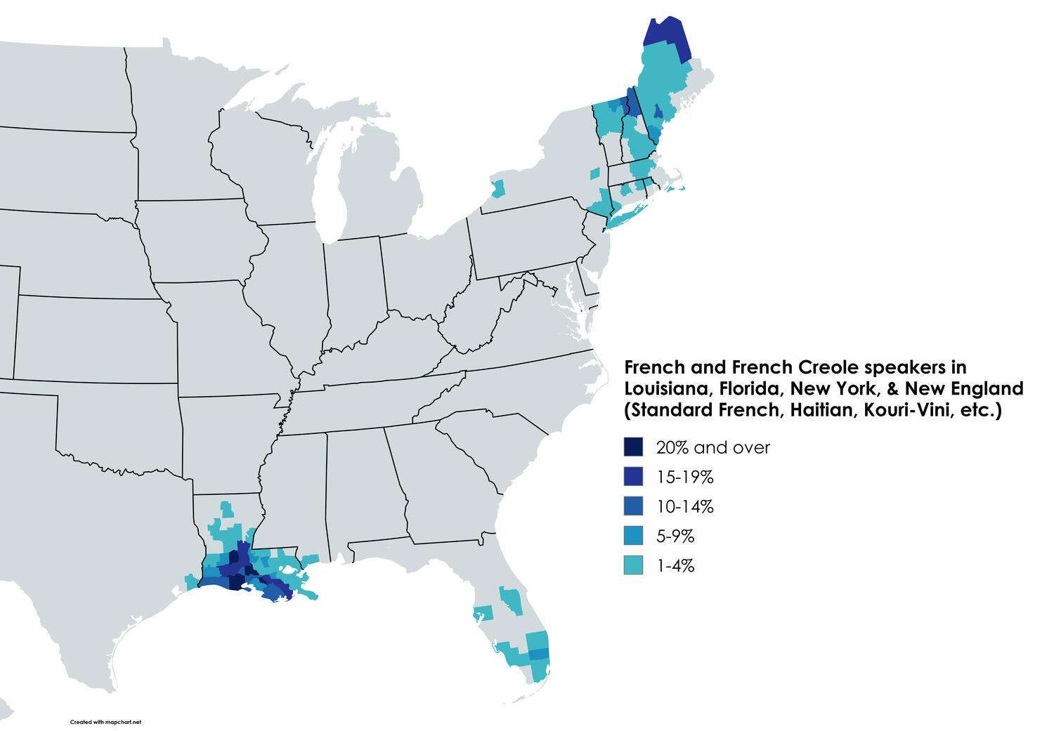 French and French Creole speakers in Louisiana, Florida, New York, and New England