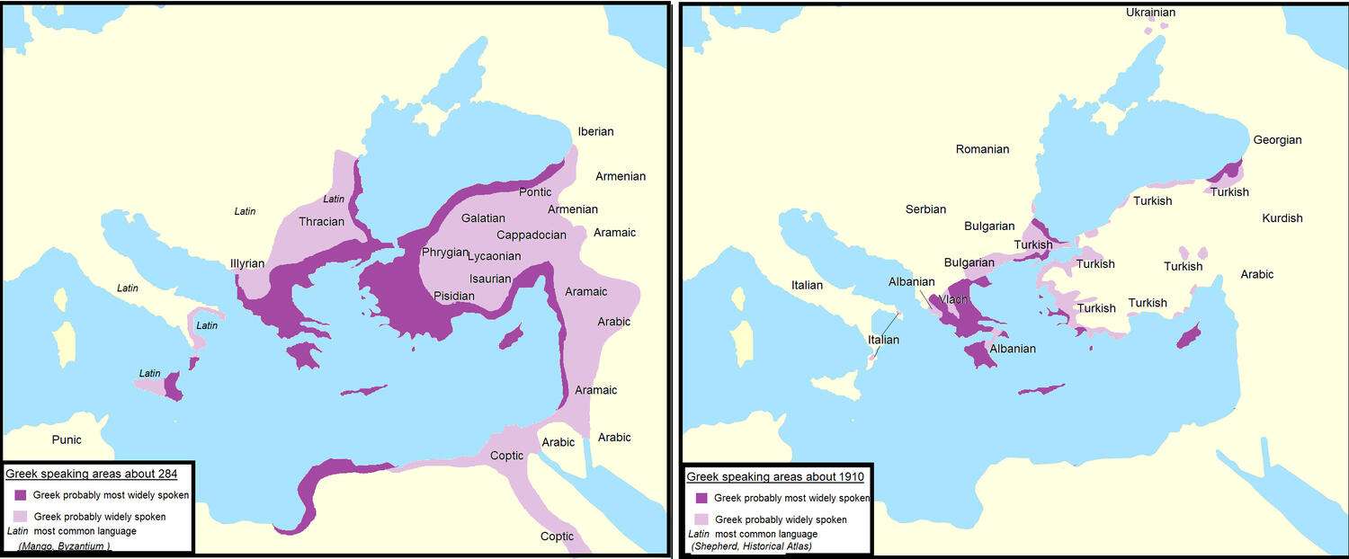 Greek spoken areas in 284 and 1910