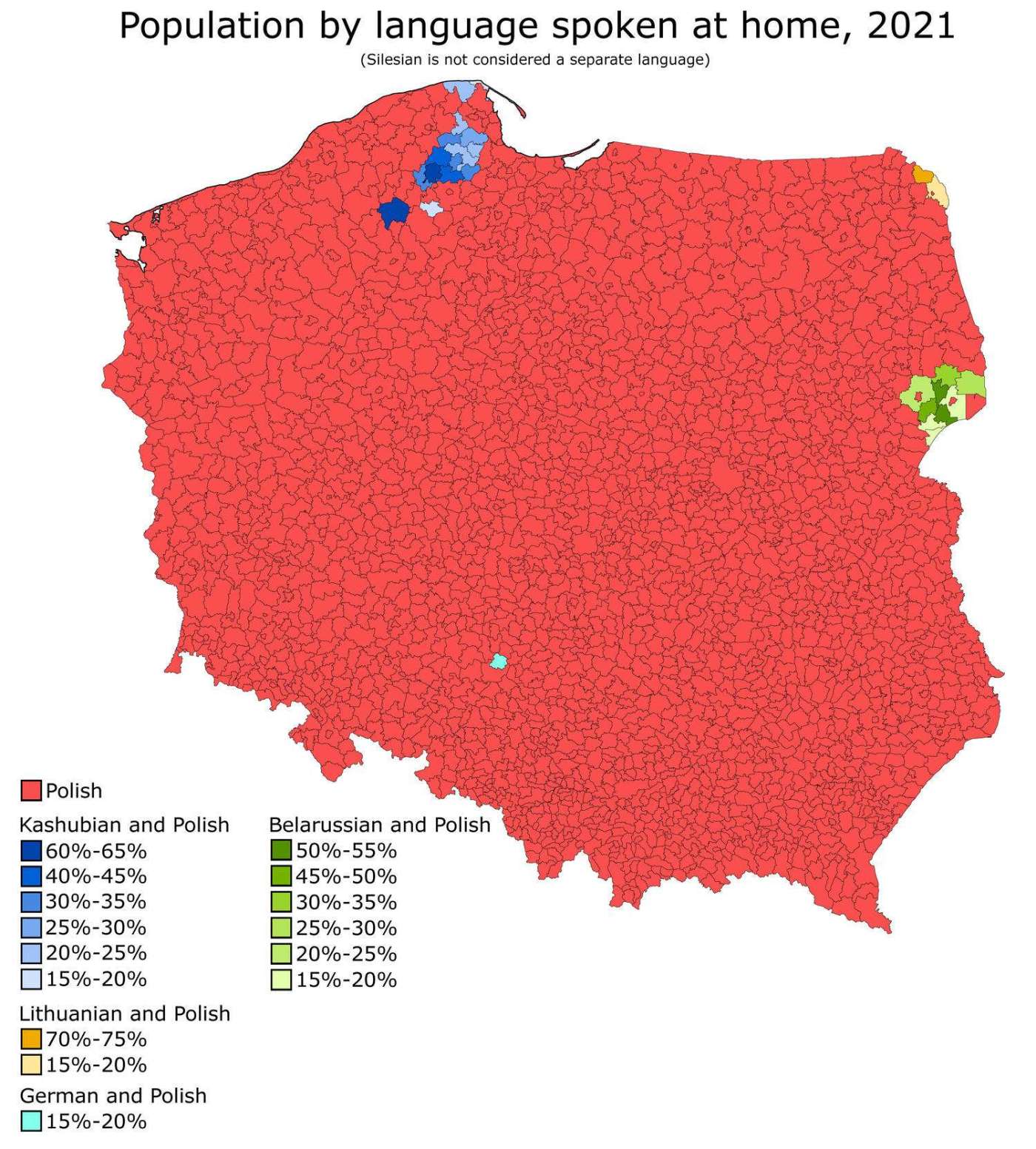 Language spoken at home by gmina in Poland, 2021