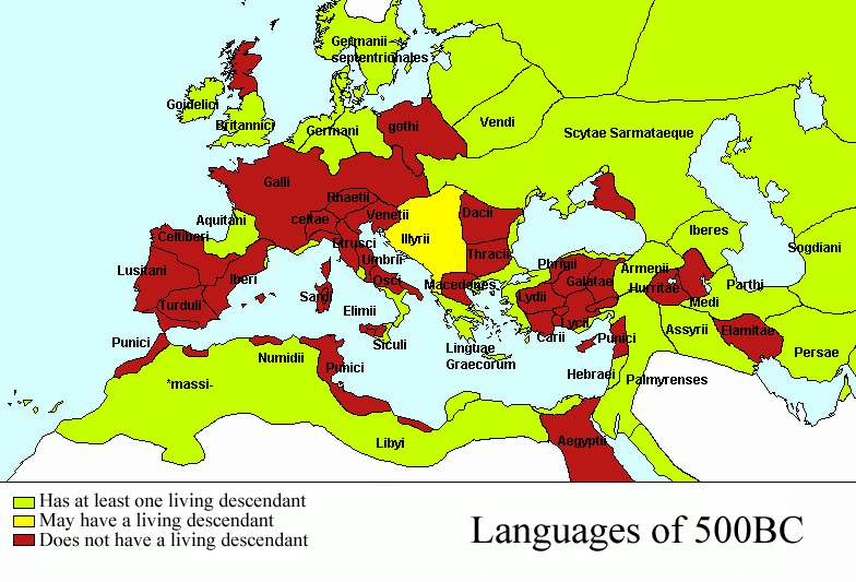 Languages of the 5th century BC, coloured by whether they have a living descendant