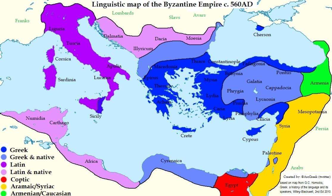 Linguistic map of the Byzantine Empire c. 560 AD