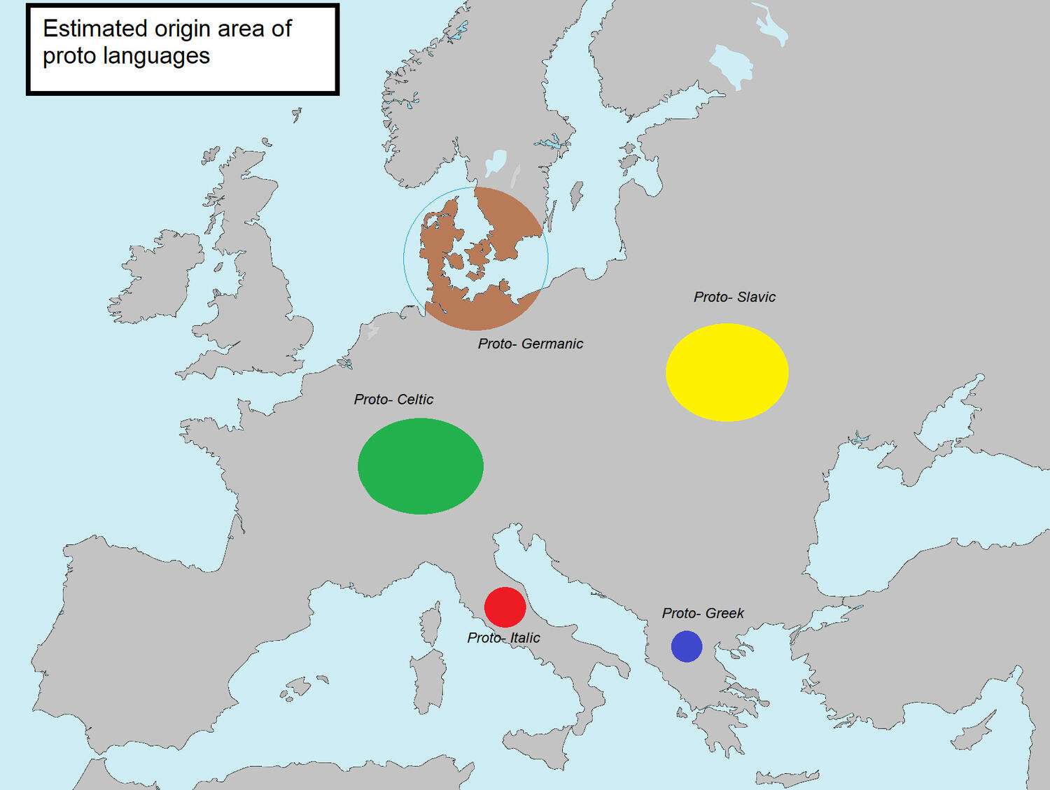 Origin area of some Proto languages in Europe