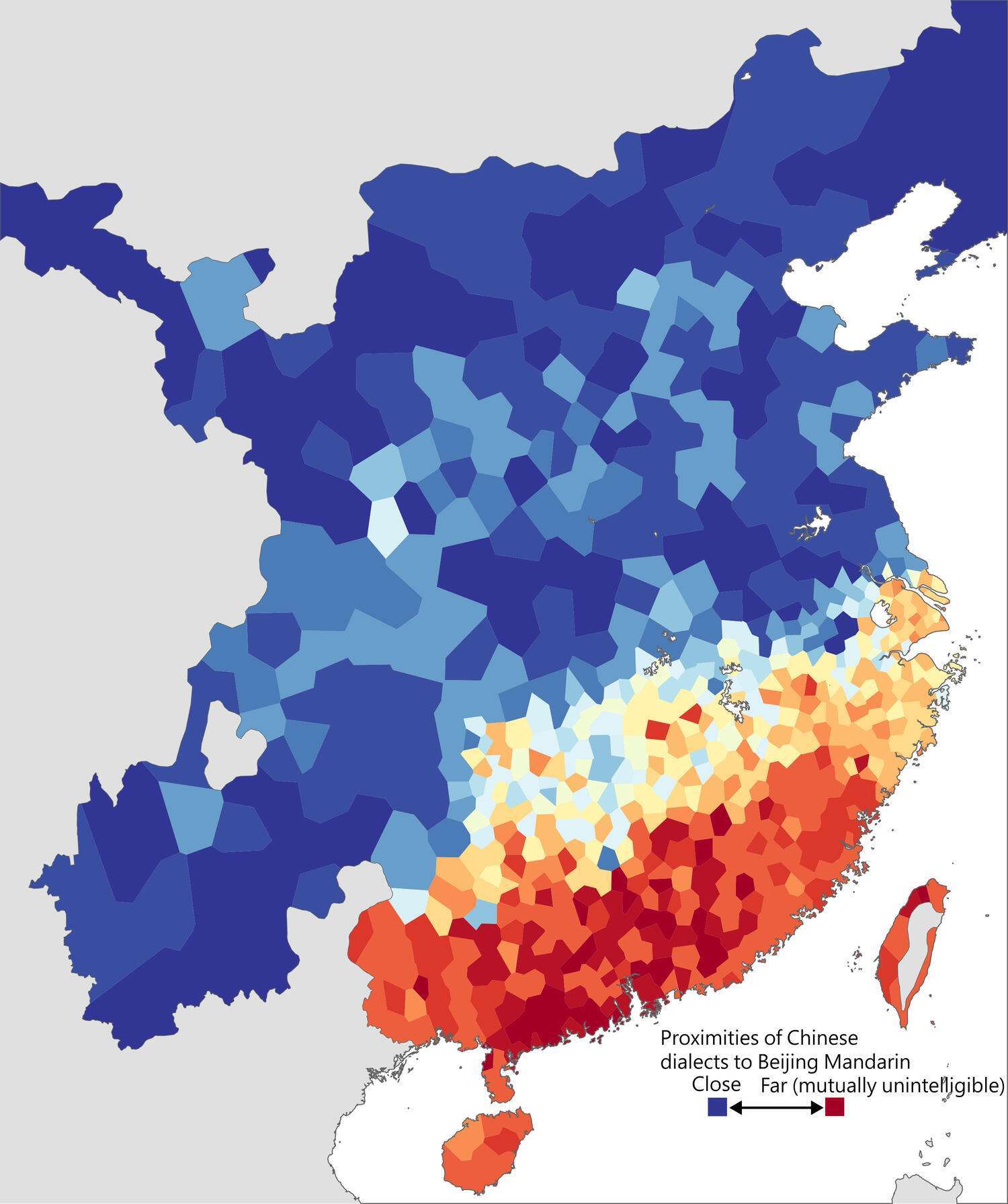 Proximities of Chinese dialects to Beijing Mandarin (Putonghua)