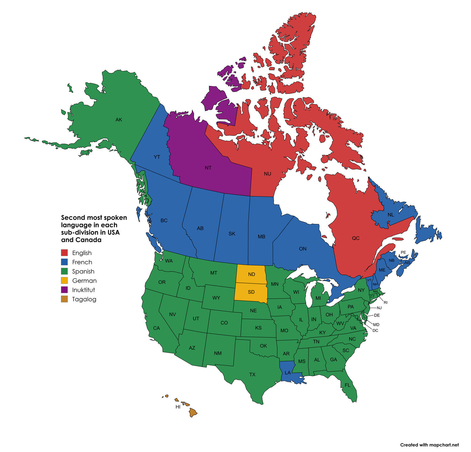 Second most spoken language in each sub-division in USA and Canada