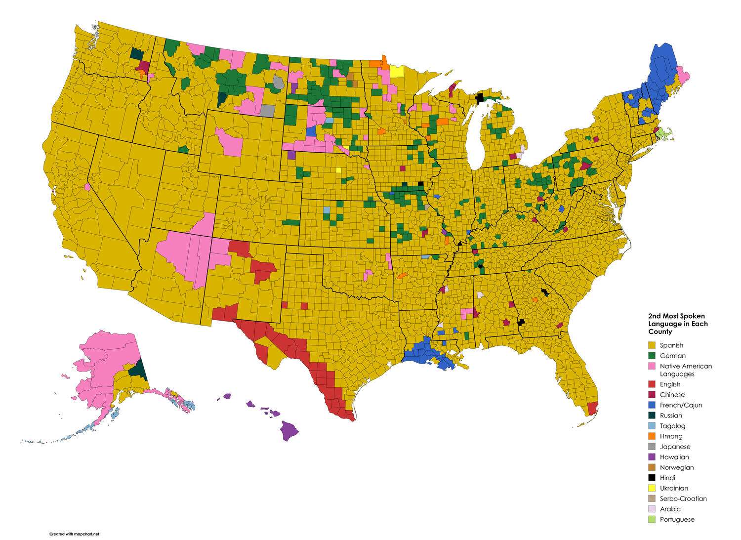Second Most Spoken Language in Each US Counties