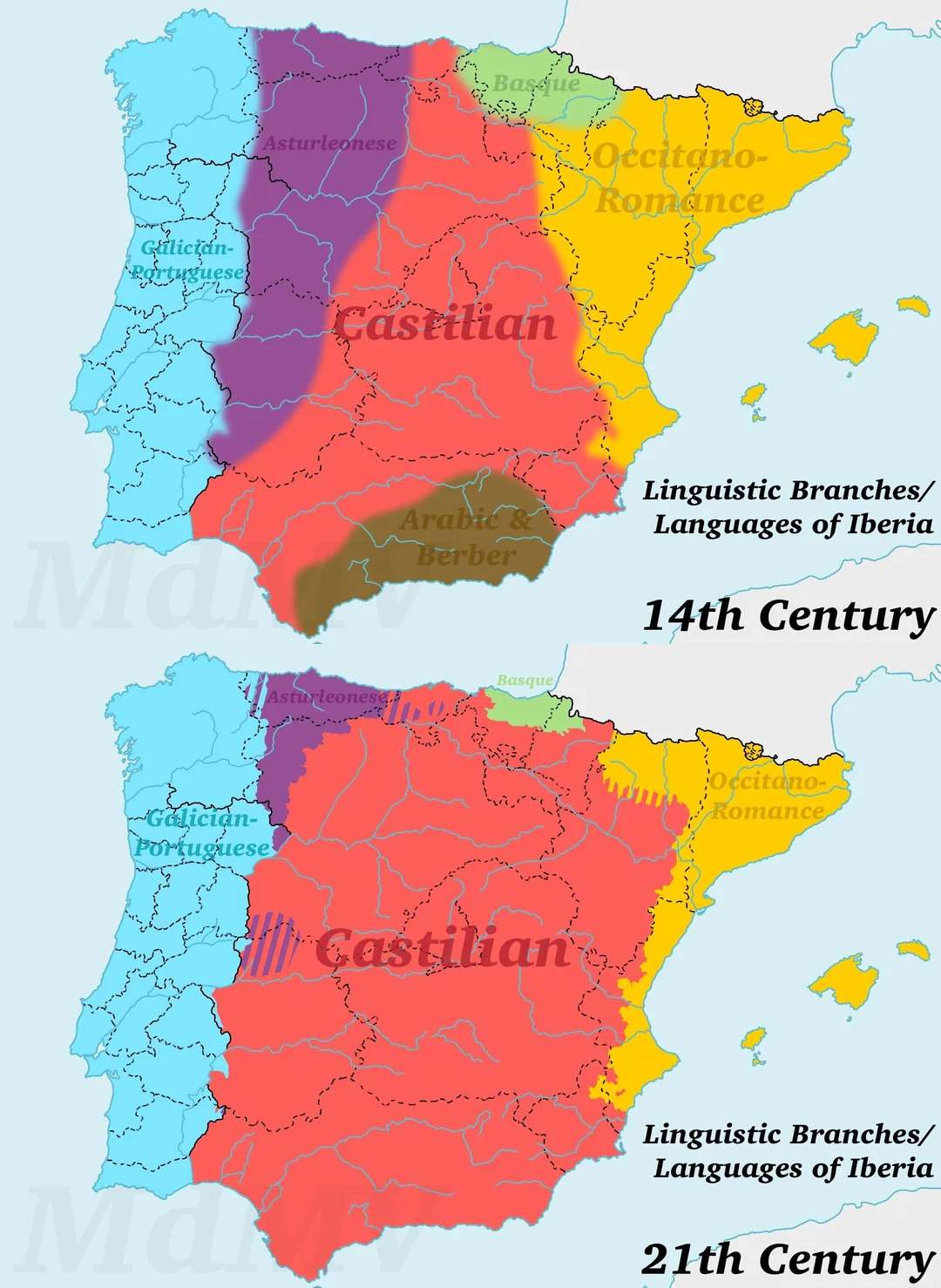 The linguistic state of Iberia, 14th century vs current