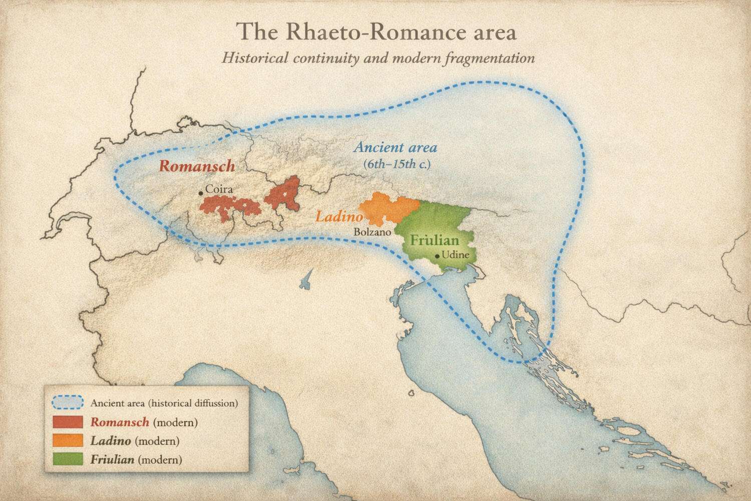 The Rhaeto-Romance language continuum of the Alpine region