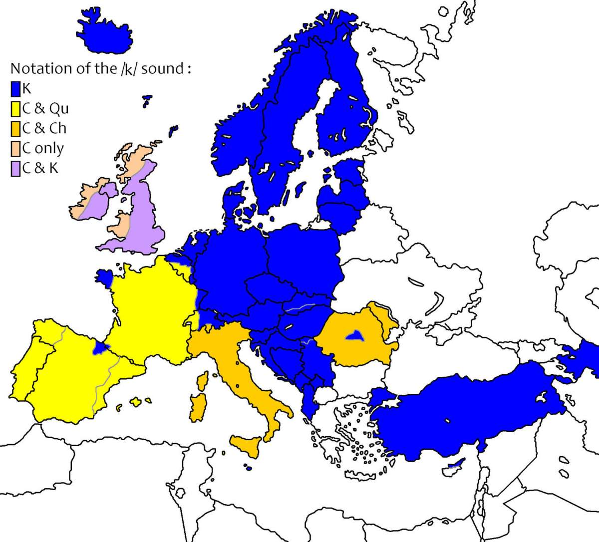 Writing of the /k/ sound in European languages using the Latin alphabet