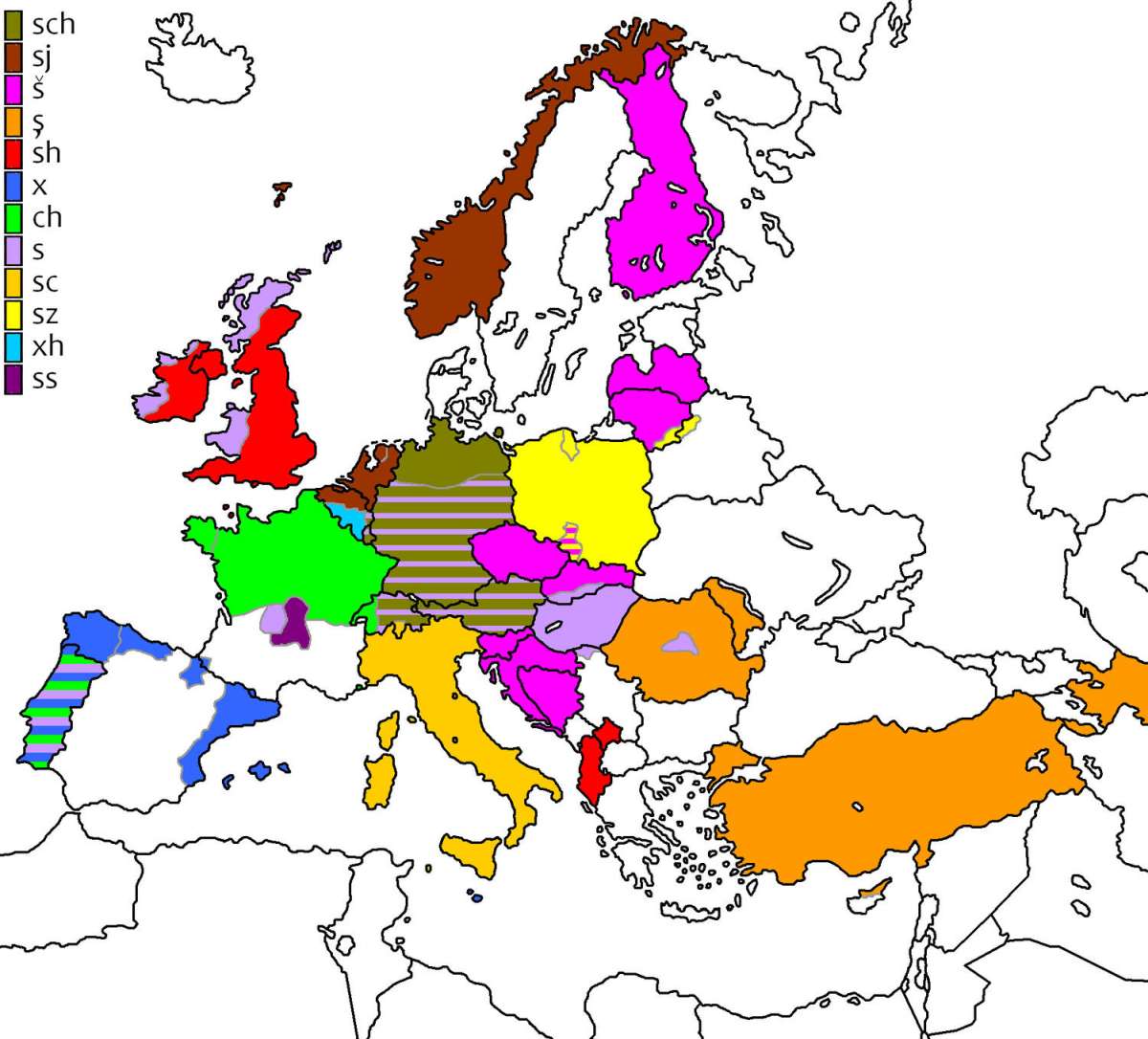 Writing of the /ʃ / sound in European languages using the Latin alphabet