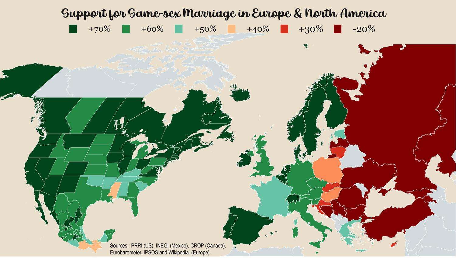 Support for gay marriage in Europe and North America