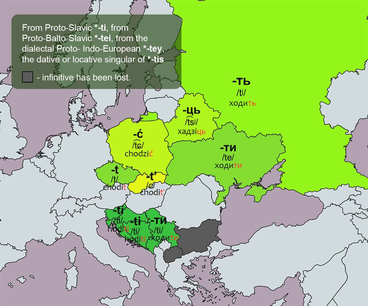 Realizations of Proto-Slavic *-ti (the ending of the infinitive) in descendant languages
