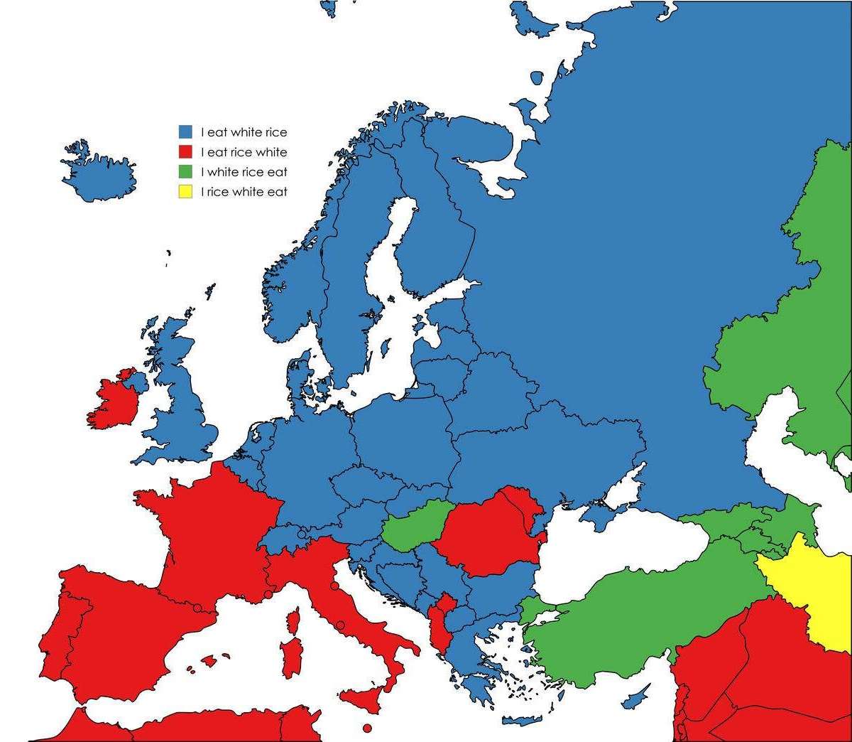 Word order for ‘I eat white rice’ in European languages