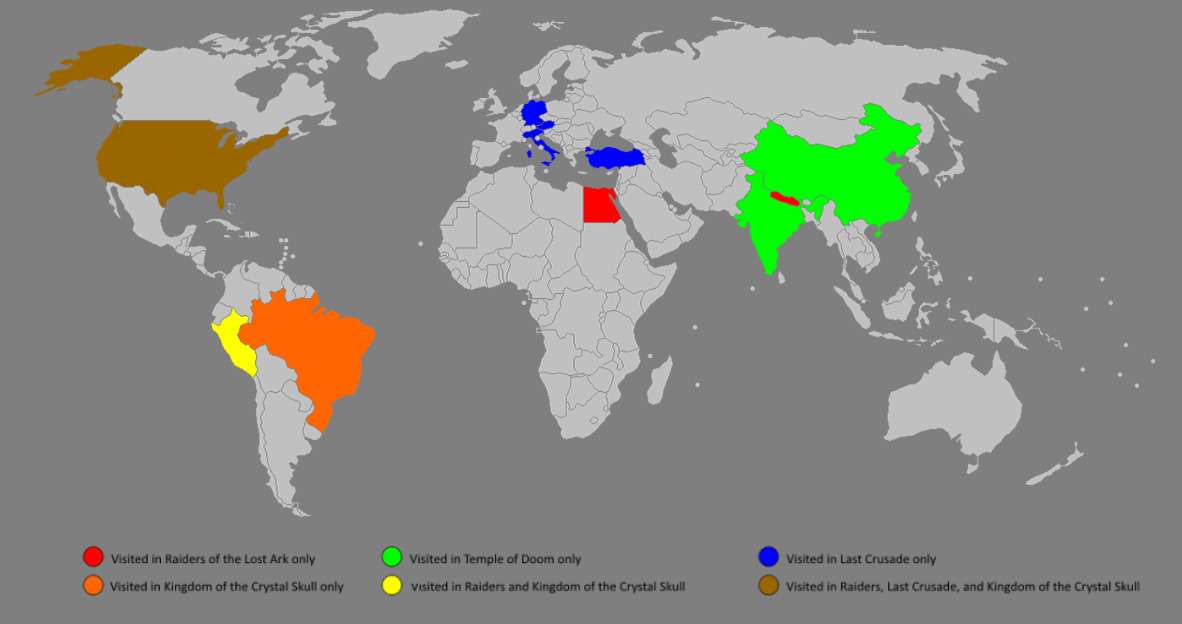 Countries visited in the Indiana Jones films