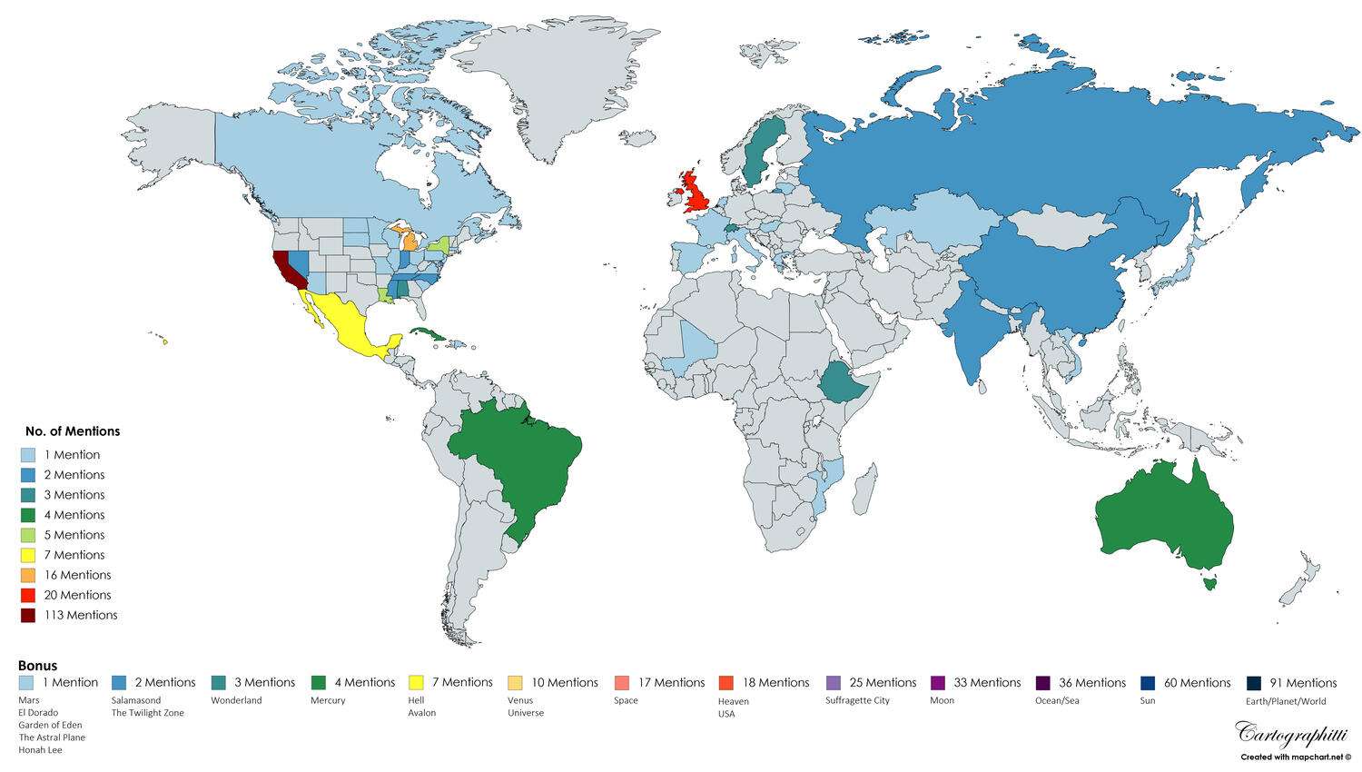 Map of places mentioned in Red Hot Chili Peppers songs