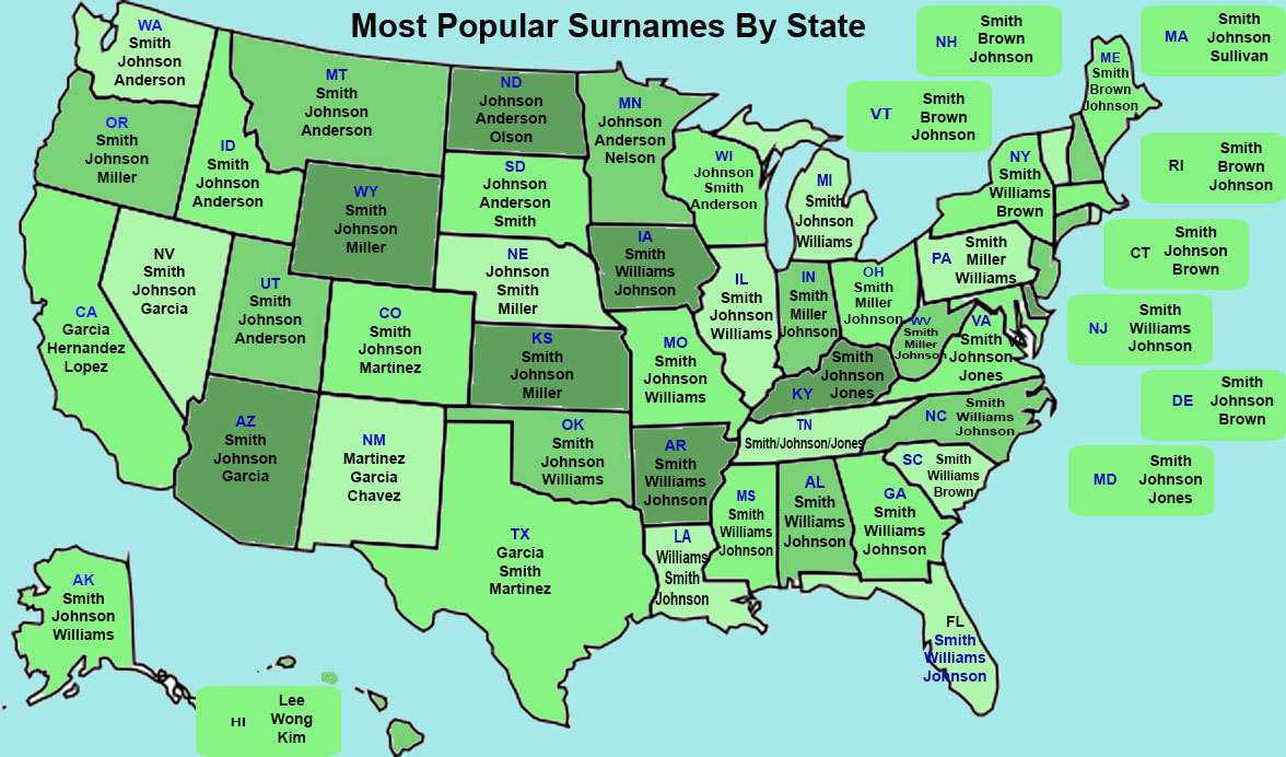 Most common last names by US state