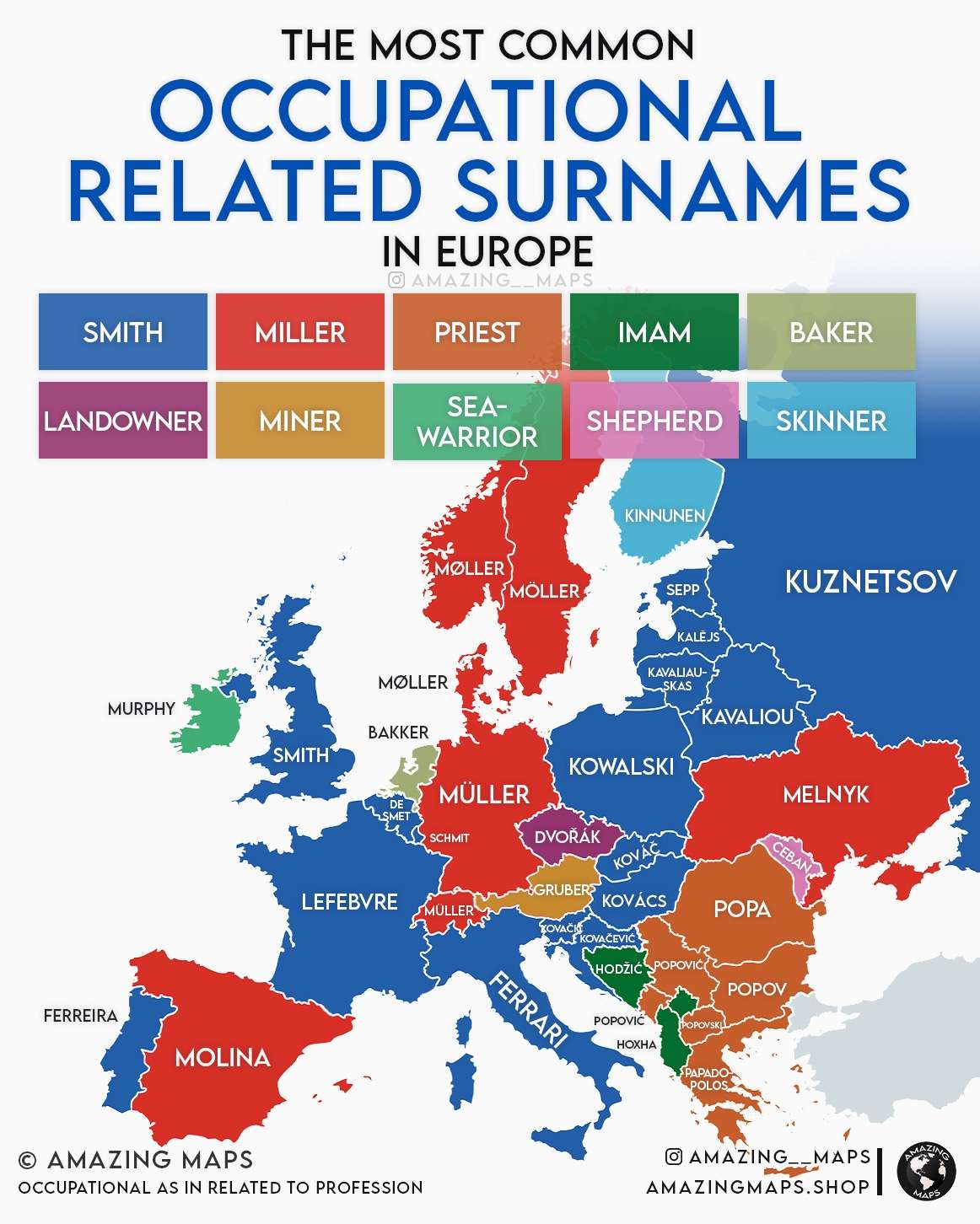 Most common occupation related surnames in Europe