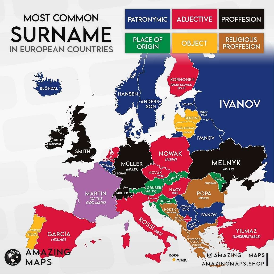 Most common surname in each European country