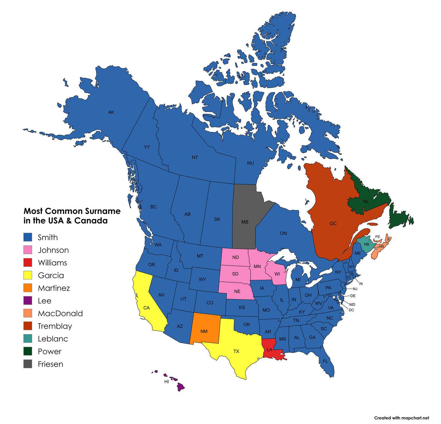 Most Common Surnames in the USA and Canada