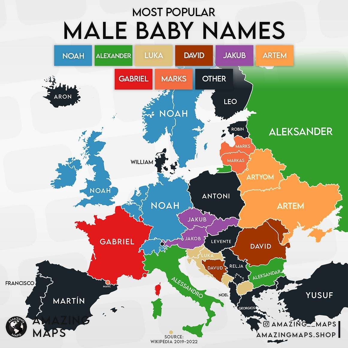 Most popular male baby names in Europe