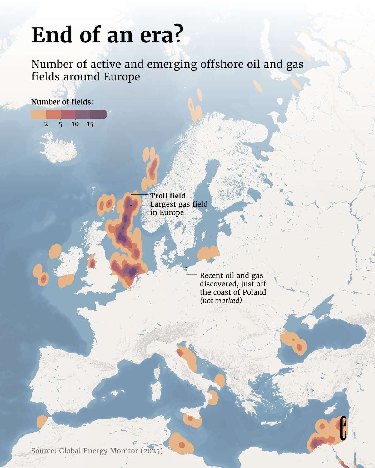 Number of active and emerging offshore oil and gas fields around Europe