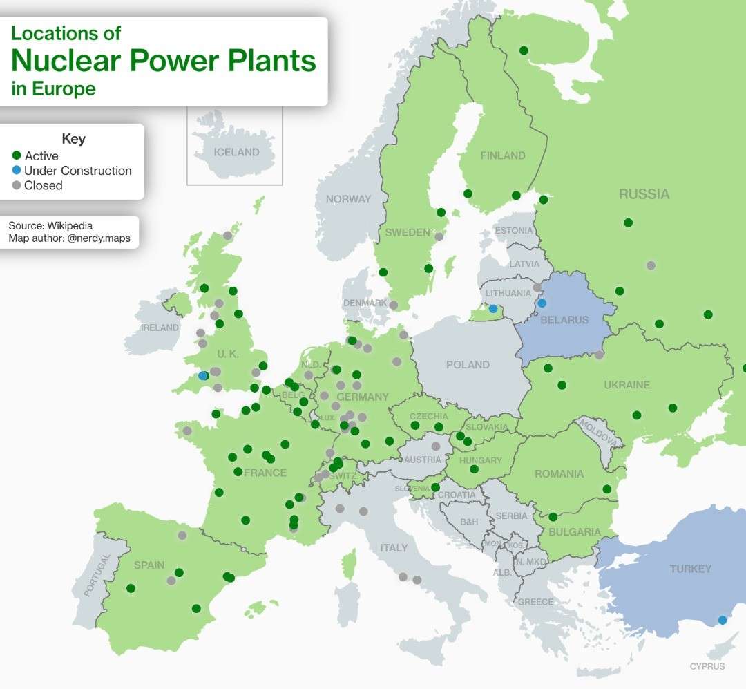 Location of nuclear power plants in Europe