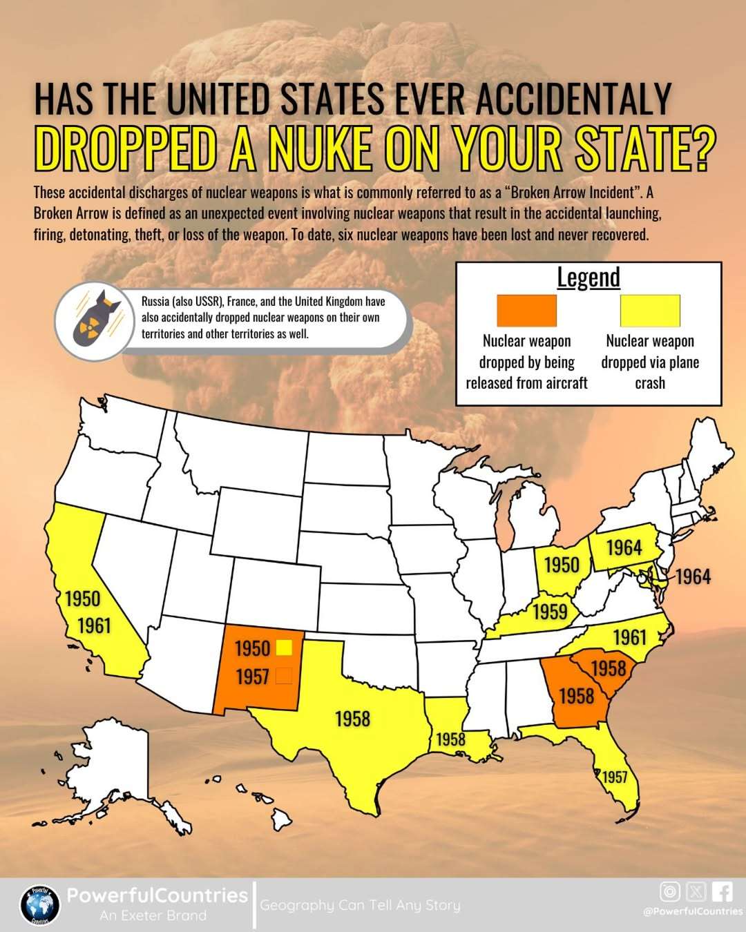 US states on which the United States accidentally drop nuclear weapons