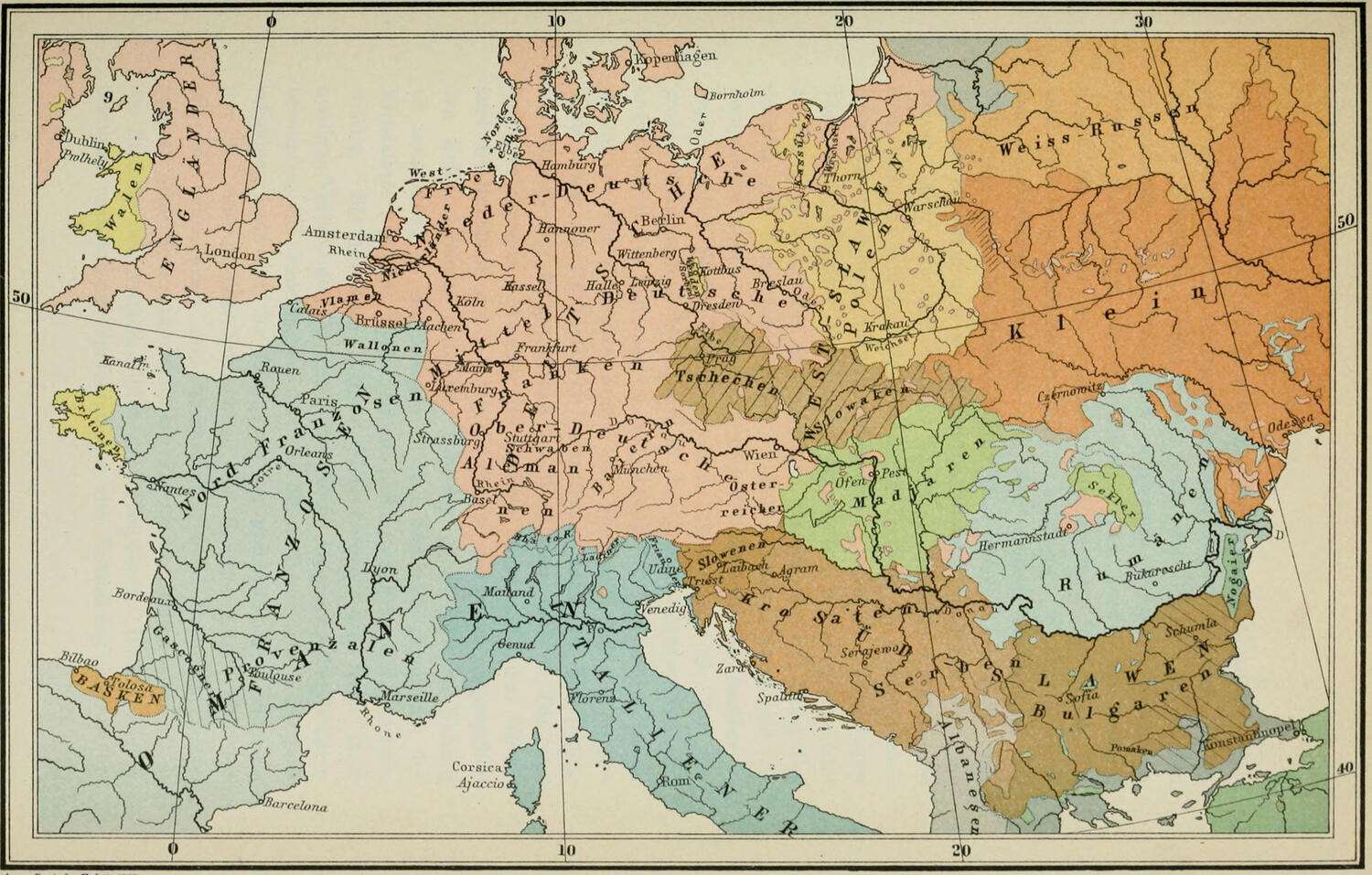 Ethnographic map of Central Europe, early 20th century