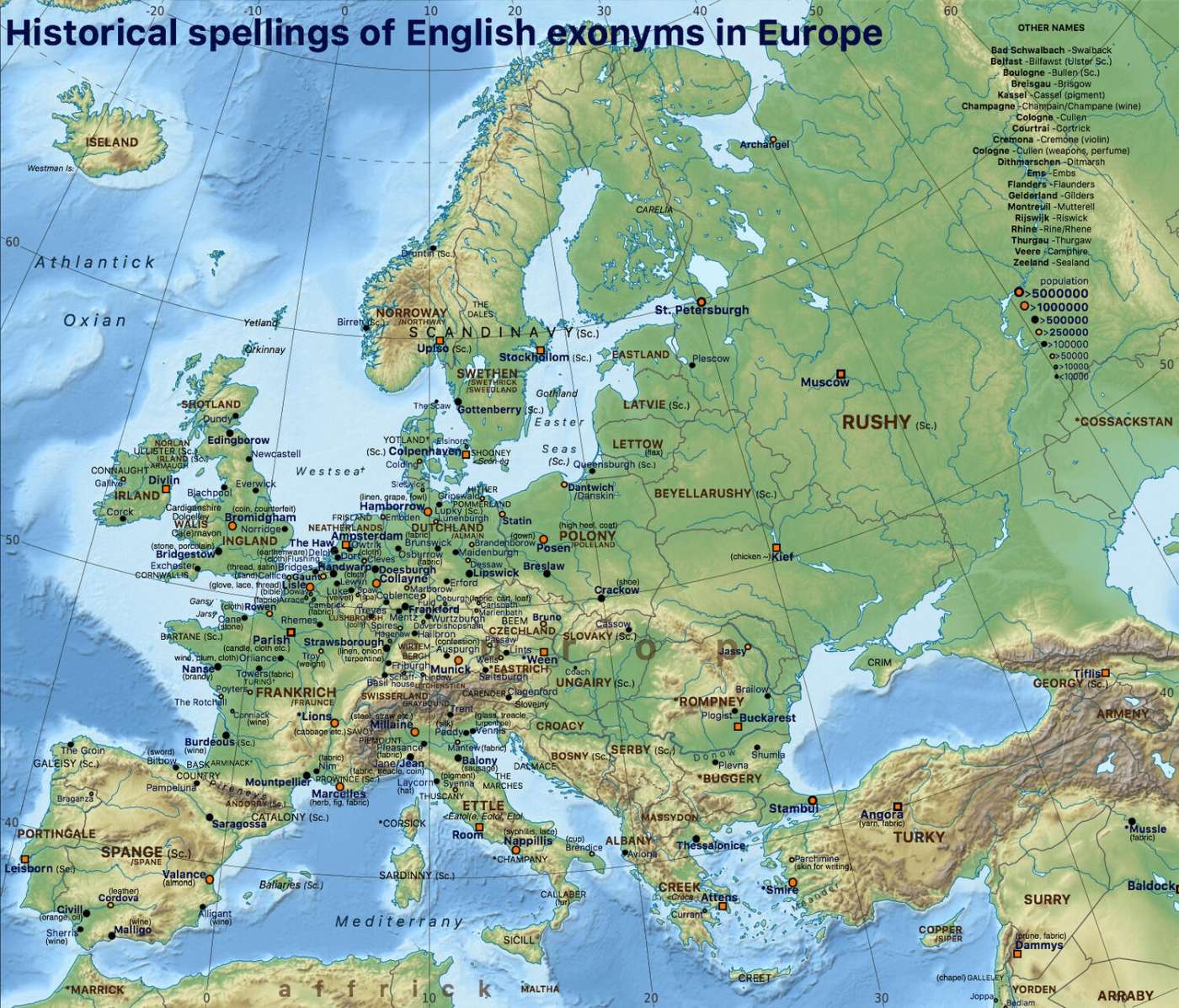  Historical spellings of English exonyms in Europe