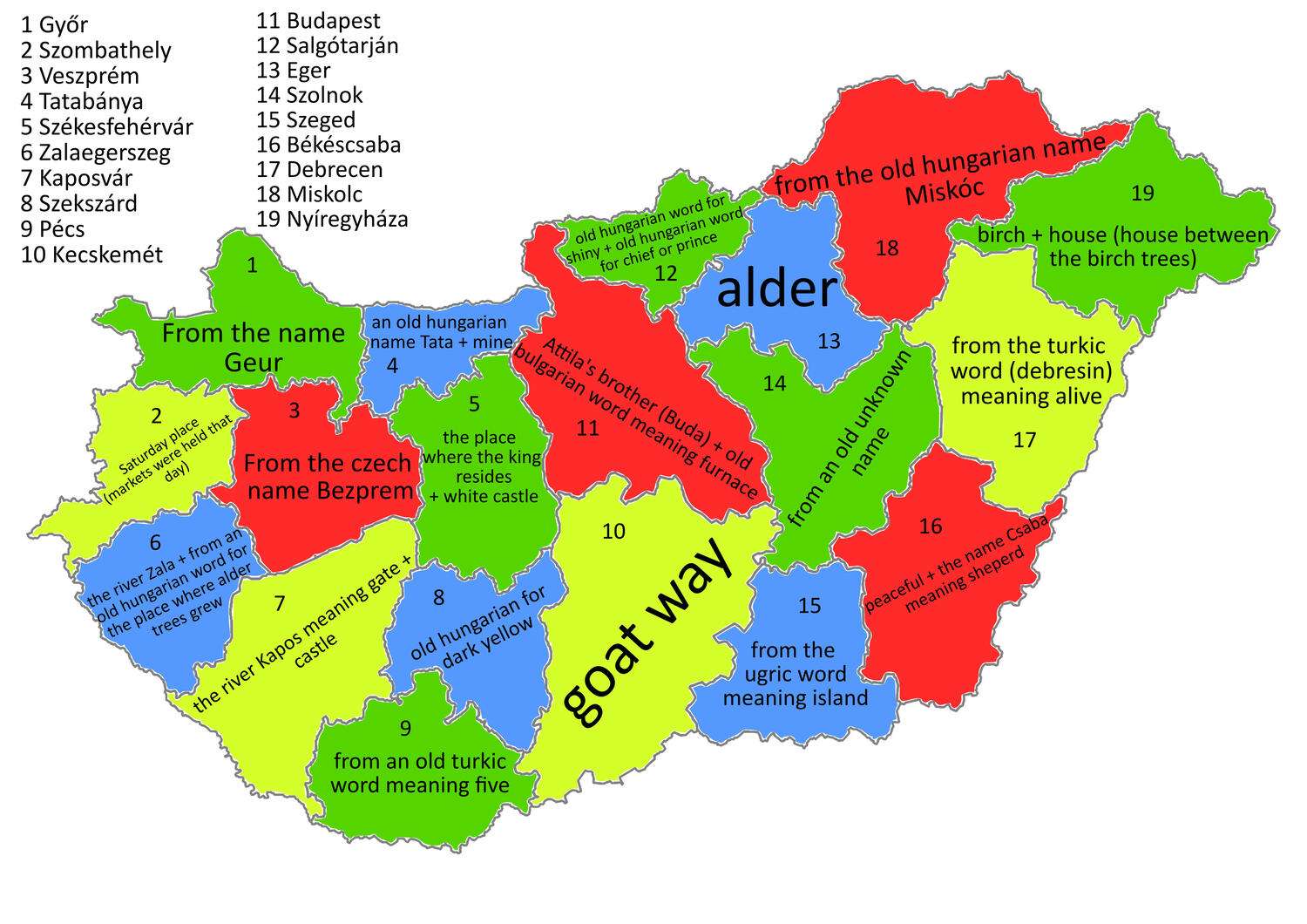 How every Hungarian county capital got its name
