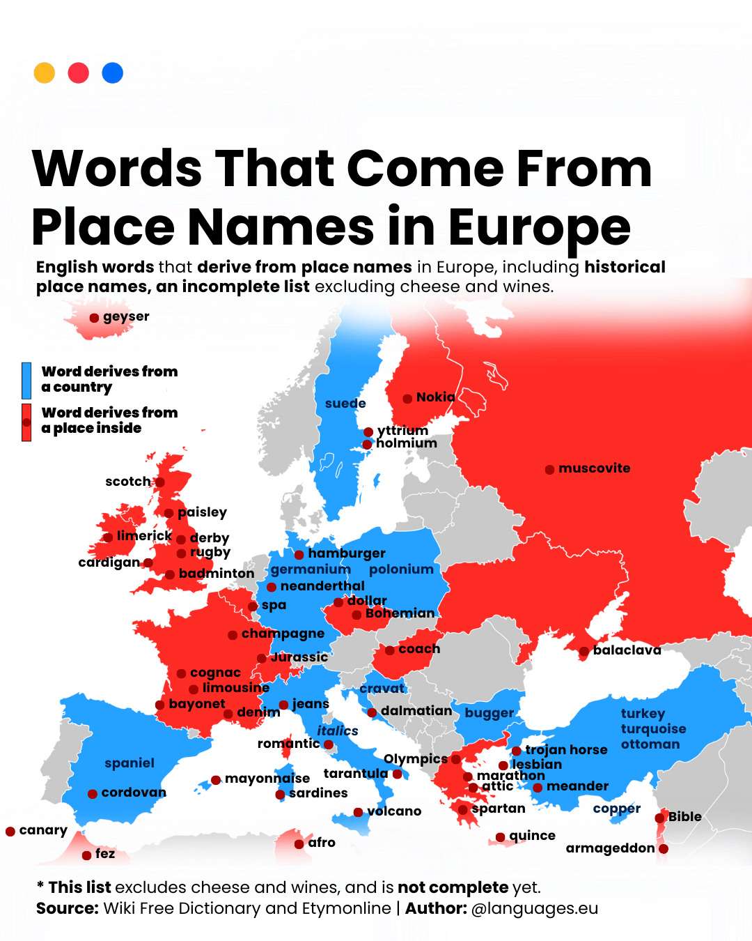 Words that come from place names in Europe