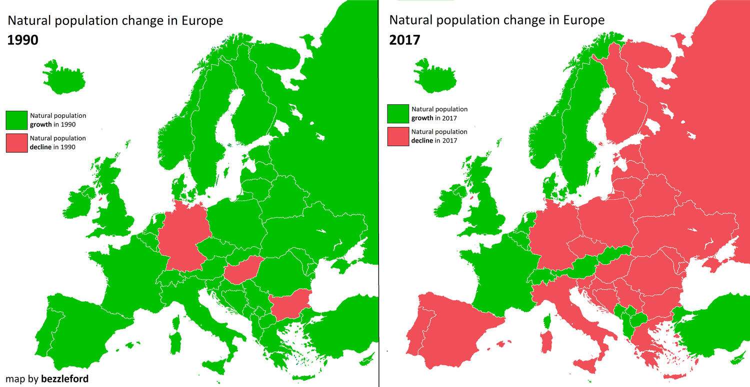 Natural population change in Europe 1990 vs. 2017