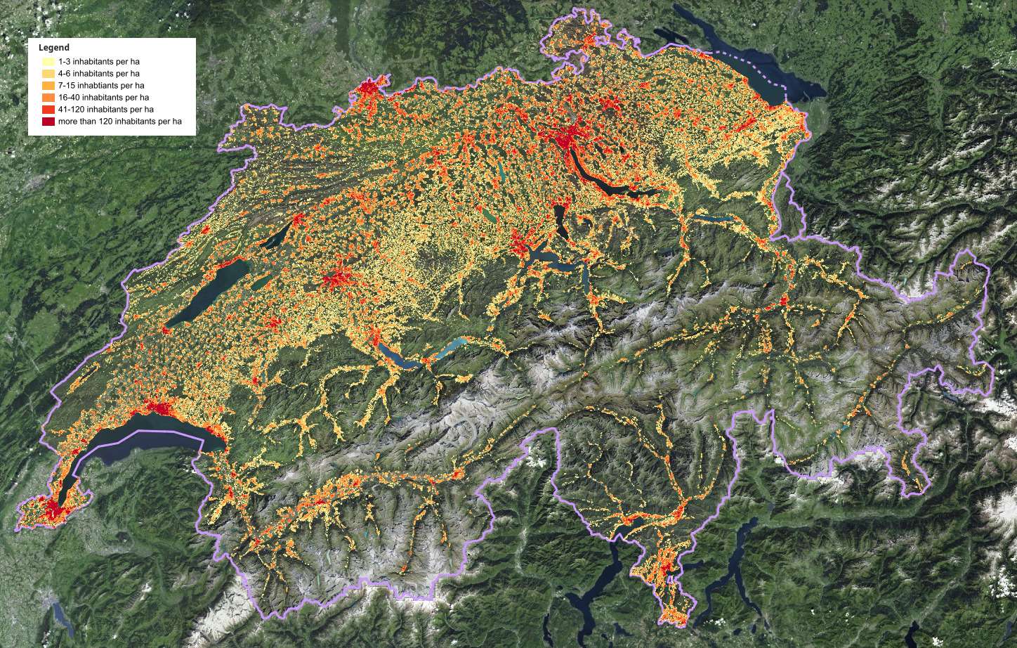 Population density map of Switzerland overlaid on satellite imagery