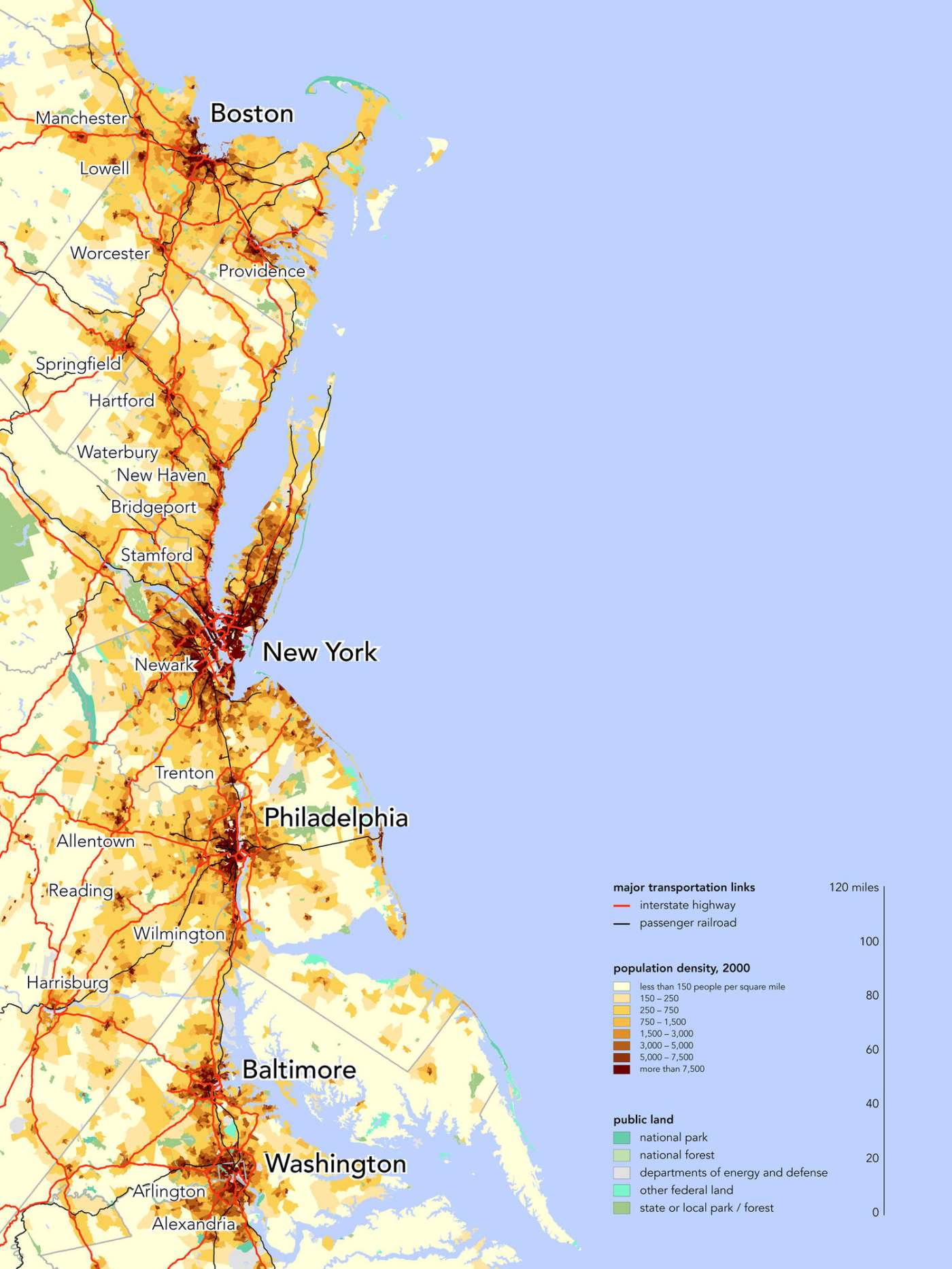 Population density of the Boswash megalopolis, home to 17% of the US population