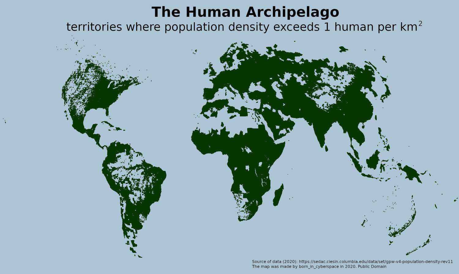 The Human Archipelago: territories where population density exceeds 1 human per km2