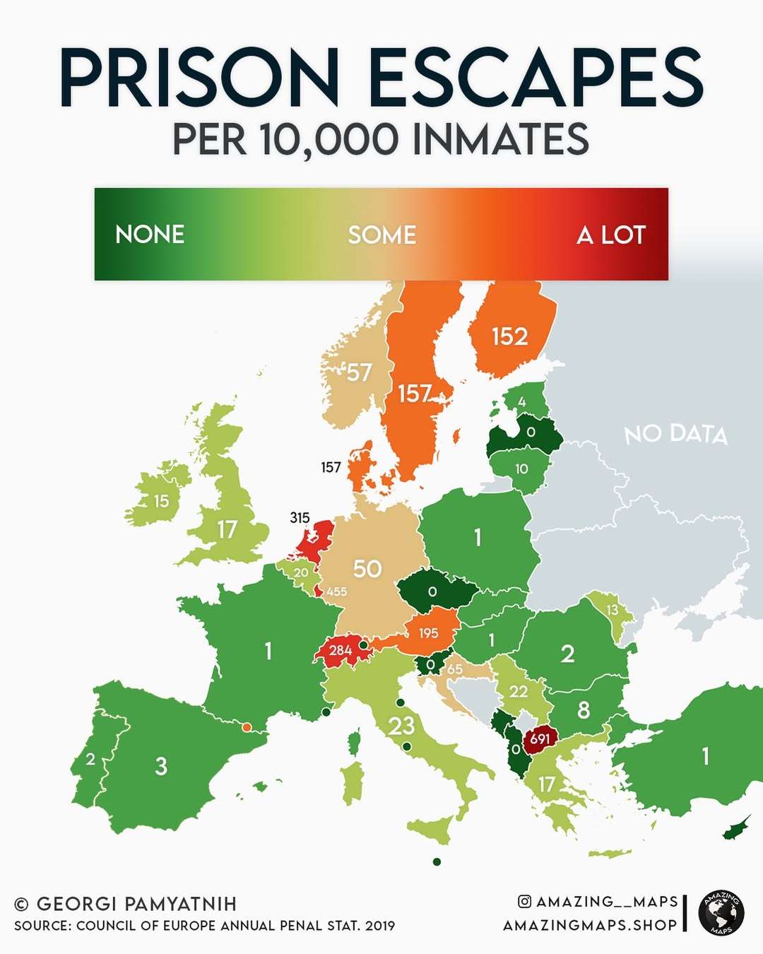 Prison escapes per 10,000 prisoners in Europe, 2019
