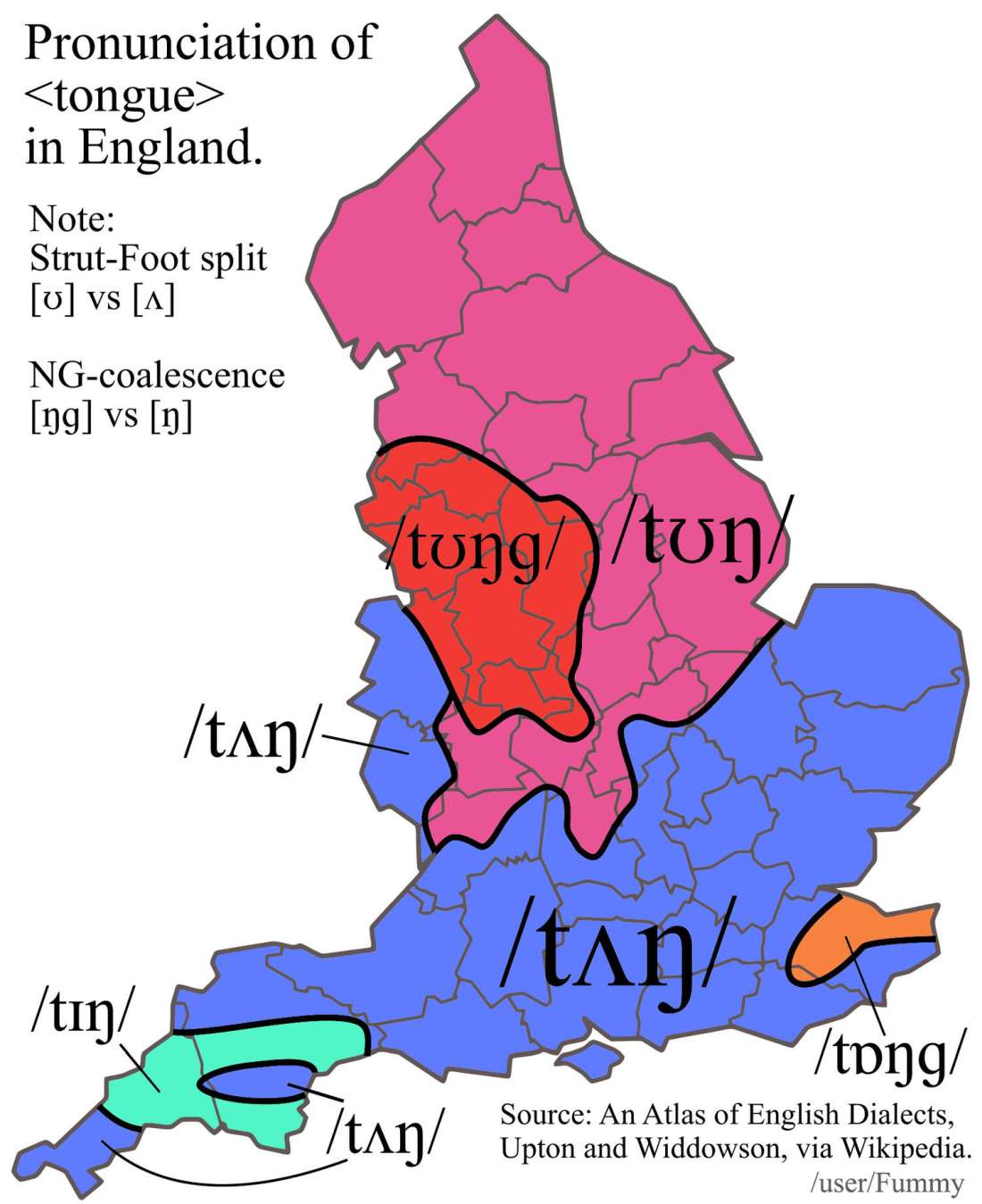 Differences in the pronunciation of the word "tongue" in England