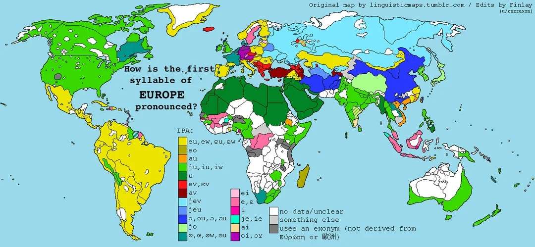 Pronunciation of the first syllable of the name of Europe in world languages