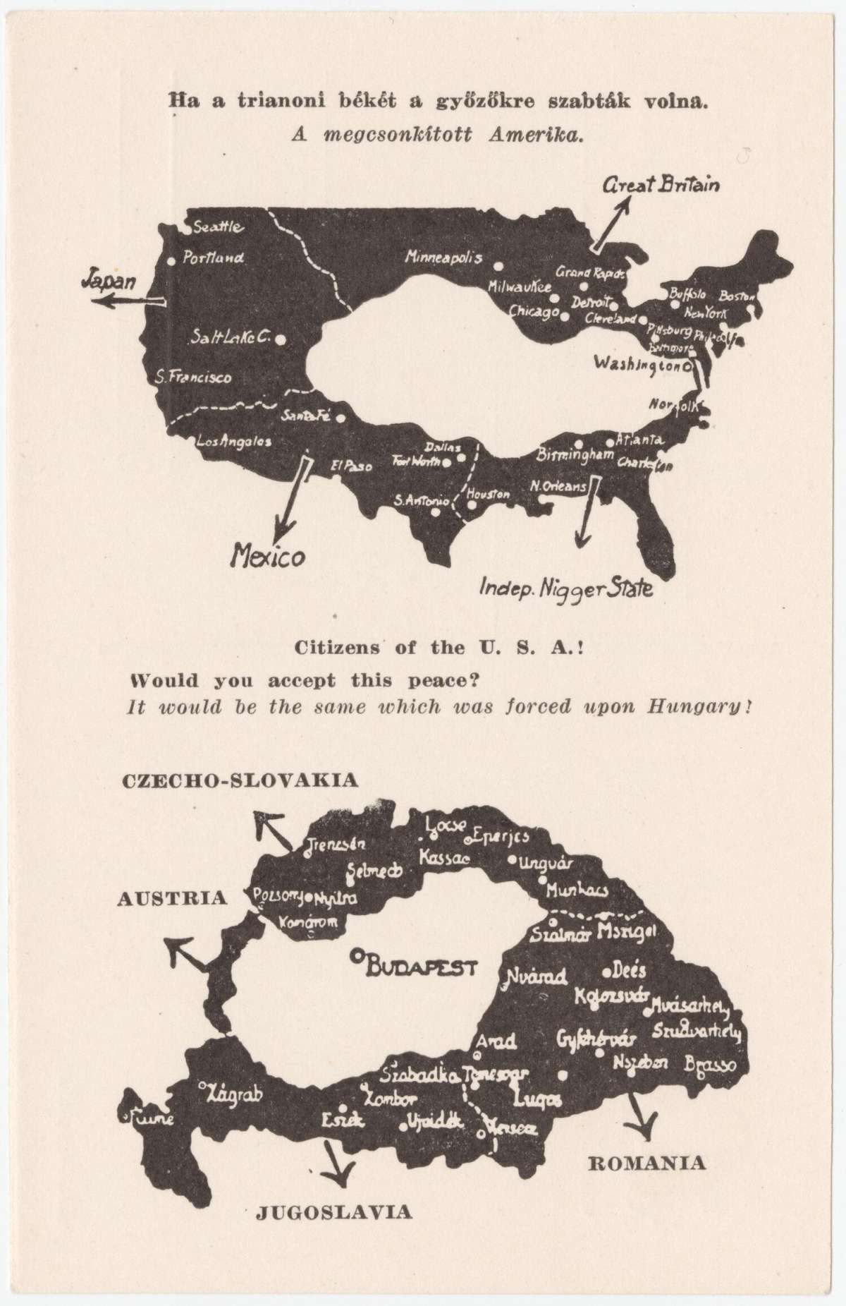Hungarian poster directed at American audience about the Treaty of Trianon (1920s)