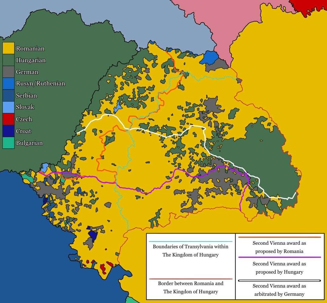Ethnolinguistic map of Transylvania between 1919-1940, along with various proposals of the Second Vienna Award